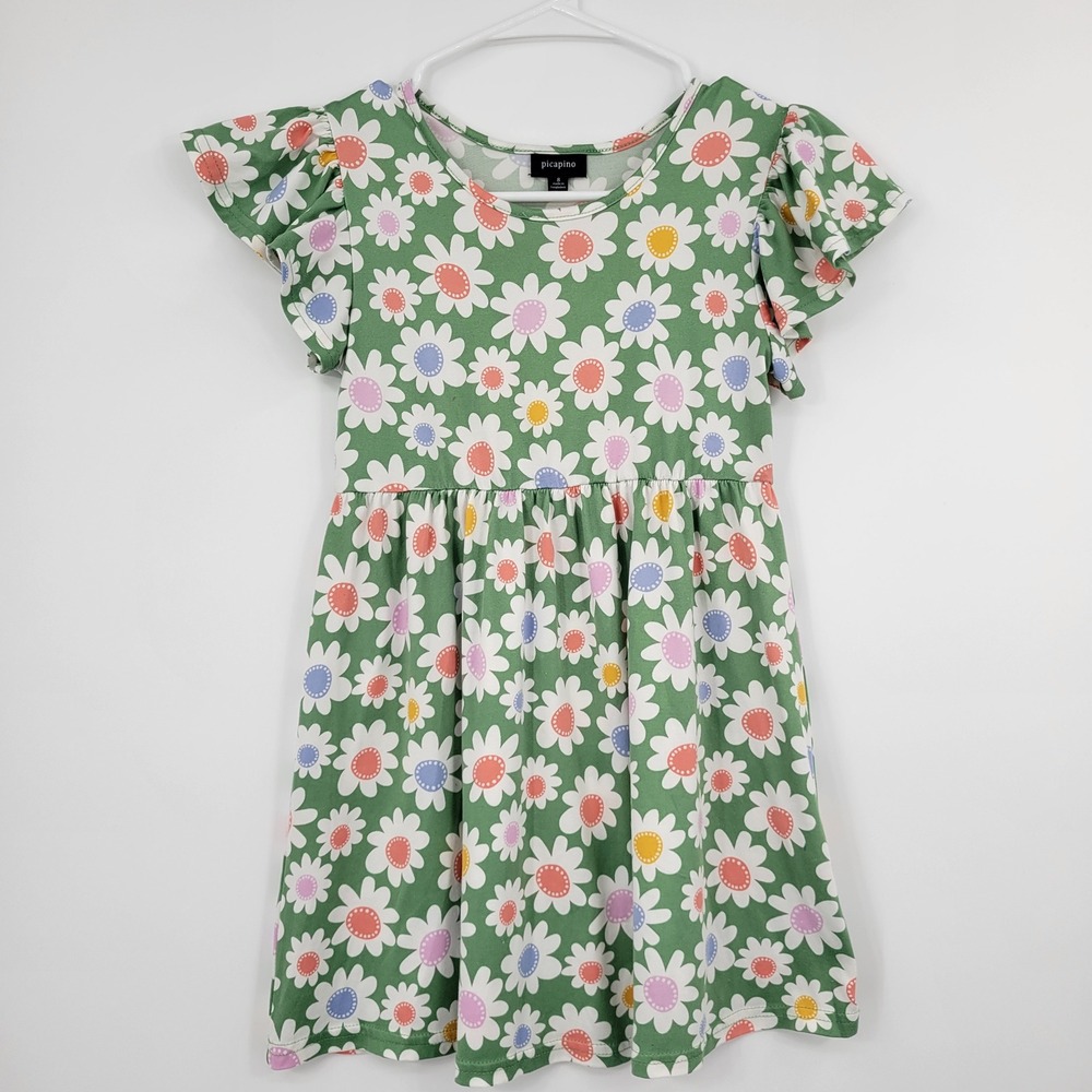 Picapino Daisy Ruffle Sleeve Dress Girls Size 8 Green Floral Stretch Casual